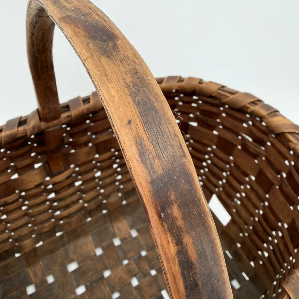 Vtg Hand Woven Splint Oak Gathering Basket Bentwood Handle Primitive Farmhouse